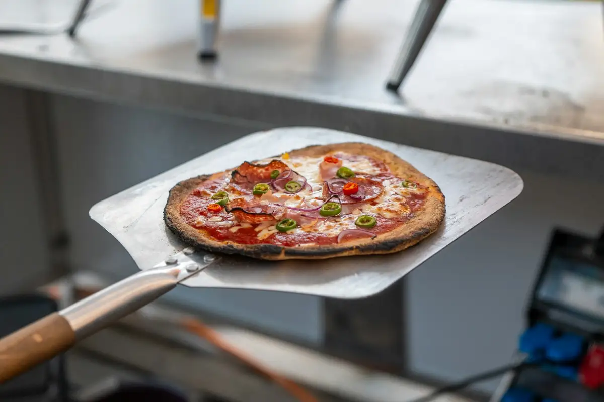 Pizza on a square metal peel with a wooden handle, the metal side of the wood vs metal pizza peel choice